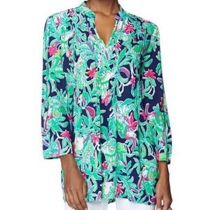 Lilly Pulitzer Sarasota Pintuck Trunk Show Navy Tunic artsy modest vacation M